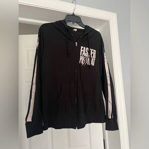 Faster Pussycat Black Zip-Up Hoodie with White Sleeve Stripes
